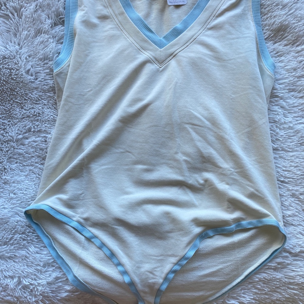 NWT FREE PEOPLE Cozy Cool Girl Tank Bodysuit Women Ivory Blue Contrast XL - Picture 6 of 8